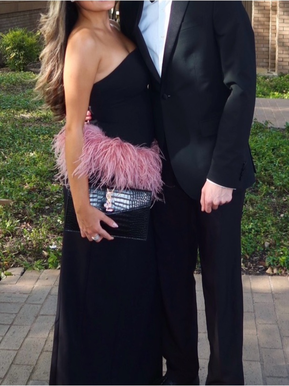 Custom made Black Tie Formal Black Strapless Evening Gown with Pink Feather Trim